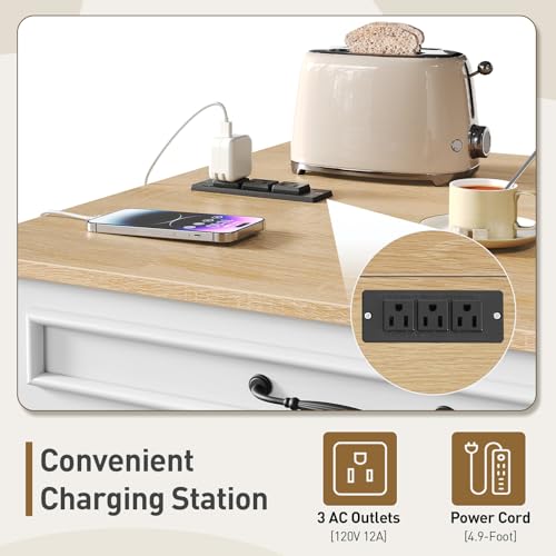 Kitchen Island with Power Outlets & Drop Leaf, Rolling Kitchen Cart on Wheels, Kitchen Storage Island with Spice Rack and Drawer, Mobile Island Table for Kitchen, Dinning, White and Natural - color: White + Natural