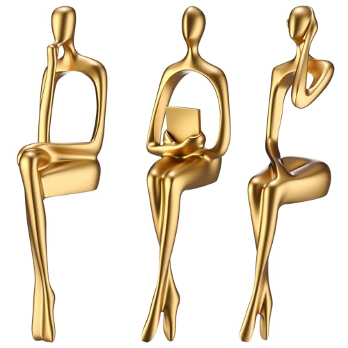 3 Pcs Small Thinker Statue Decor, Modern Abstract Sitting Sculptures for Home Decor, Resin Figurines Bookshelf Decoration Accents, Elegant Desk Cabinet Ornaments for Living Room, Office(Gold) - color: Gold