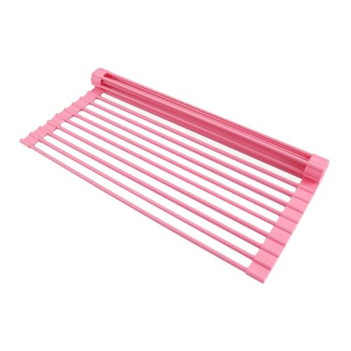 Roll Up Dish Drying Rack Over The Sink.Foldable Kitchen Drainer,Fully Silicone Cover Stainless Steel Bar,Heat-Resistant, Anti-Slip Sink Rack for Kitchen Counter Multipurpose. - color: Pink, size: 20.5 x 13 Inch