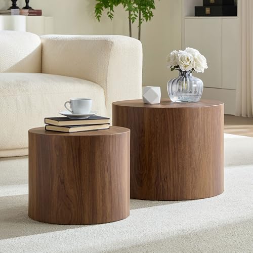 Nesting Coffee Table Set of 2, Modern Round Coffee Table Drum Side Table, Wooden Circle Accent Tables End Tables for Small Spaces Living Room Bedroom Office (Walnut) - color: 18.9" & 14.96" Walnut With Wood Veneer