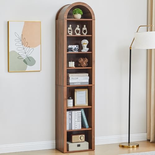 Turtle&Myrtle Tall Narrow Arched Bookshelf, Walnut, 70 x 15.75 inch | Skinny Arch Book Shelf, Slim Open Display Shelves for Small Space, Tall Thin Bookshelf with Adjustable Shelves - color: Walnut, size: 11.8"D x 15.75"W x 71"H