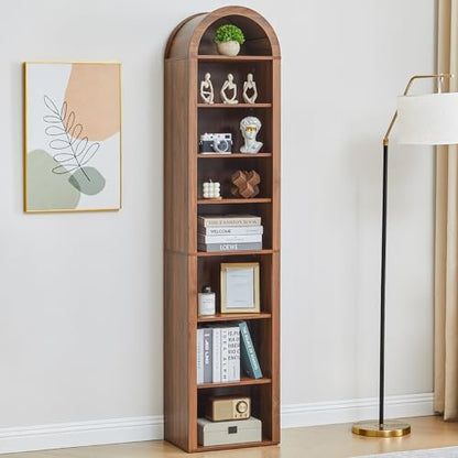 Turtle&Myrtle Tall Narrow Arched Bookshelf, Walnut, 70 x 15.75 inch | Skinny Arch Book Shelf, Slim Open Display Shelves for Small Space, Tall Thin Bookshelf with Adjustable Shelves - color: Walnut, size: 11.8"D x 15.75"W x 71"H