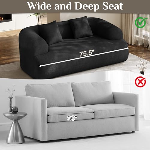 75" Boneless Cloud Loveseat, Modern Cute Curved Chenille Sofa, 2 Seater Compression Couch with 2 Pillows, No Assembly Required for Apartment Living Room, Black - color: Black, size: 75''