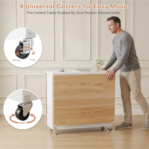 Jocoevol Space Saving Folding Dining Table for 4, Foldable Dining Table with Drawer and Storage Shelf, 6 Wheels Drop Leaf Kitchen Dining Room Table for Small Space (Natural, 47.2" x 23.6" x 29.9") - color: Oak