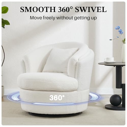 Boucle Swivel Accent Chair, Widened Round Barrel Chair with Pillow | Wide Padded Seat, Upholstered Boucle, Silent 360° Swivel Barrel Armchair for Living Room Bedroom Reading Nook, White - color: White