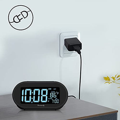 DreamSky Alarm Clocks for Bedrooms, Auto Set Digital Clock with Date & Temp | Electric Desk Clock with Dimmable Brightness Dimmer for Bedside Nightstand, Auto DST, USB Port, Temperature, Snooze - color: Black
