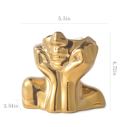Gold Ceramic Human Face Decorative Vase - Shy Posture Modern Art Desktop Display for Bookshelf, Living Room, Office, Bedroom - style: Golden Hands on Cheeks