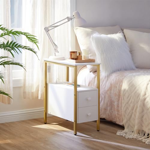 HOOBRO End Table with Charging Station, Narrow Side Table with 2 Drawer & USB Port & Power Outlets, Nightstand for Small Spaces, Stable and Sturdy, for Living Room, Bedroom, Gold and White DW541BZ01 - color: Gold + White