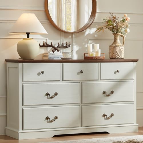 Farmhouse 7 Drawer White Dresser for Bedroom | 54" Wide Wooden Long Dressers & Chests of drawers with Rustic Handles & Floor-Standing Thickened Foot - color: White, size: 15.6"D x 54"W x 31"H (7 Drawers)