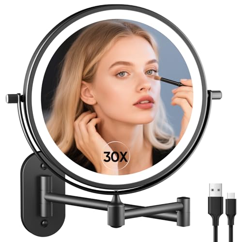 FUNTOUCH 5000mAh Rechargeable Wall Mounted Lighted Makeup Mirror 1X30X | Double Sided 1X 30X Magnifying, 3 Color Lighting, Touch Dimming, Extended Arm 360 Rotation Light up Bathroom Mirror Black - color: Black
