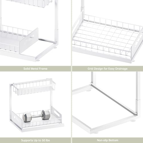 Under Kitchen Sink Organizer 2 Tier, Pull Out Bathroom Sink Organizers and Storage, Cabinet Kitchen Bathroom Storage Organization Shelf, 2 Pack White