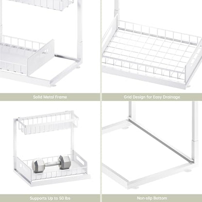 Under Kitchen Sink Organizer 2 Tier, Pull Out Bathroom Sink Organizers and Storage, Cabinet Kitchen Bathroom Storage Organization Shelf, 2 Pack White