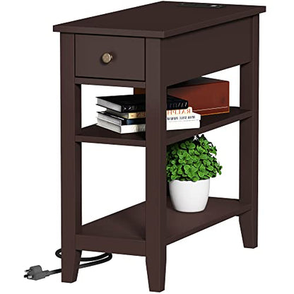 ChooChoo Side Table Living Room with Charging Station and Drawer | Narrow End Table, 3-Tier Sofa End Table, Small Space, Espresso - color: Espresso