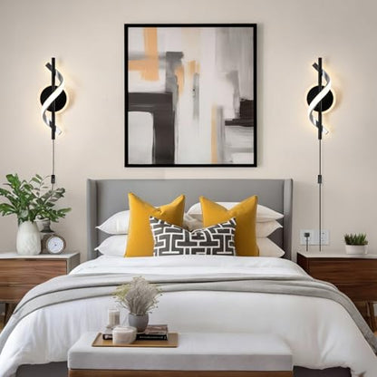 Black Plug in Wall Sconces Sets of 2, 12W Modern Spiral LED Wall Lamp, 3000K Warm White Wall Light Fixture for Stairs Living Room Bedroom Aisle Hallway - color: Black-Warm White