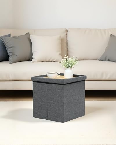 Square Storage Ottoman with Tray Top, Small Linen Fabric Ottoman Cube Coffee Table with Storage, 16" Folding Footrest for Living Room, Dorm, Bedroom, Grey - color: Grey, size: 16"D x 16"W x 15.2"H
