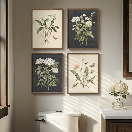 Framed Vintage Botanical Floral Wall Art for Bathroom, 4 Piece 8x10 In | Farmhouse wall decor, Flower pictures, Rustic retro paintings, Ready to hang canvas prints, Kitchen bedroom home decor - color: Vintage - Walnut Framed, size: 8" W x 10" H x 4 pcs