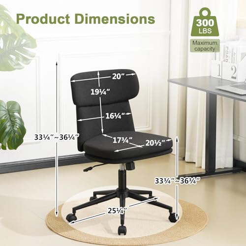 Armless Office Chair with Wheels, Luxury Chenille Swivel Desk Chair with Ergonomic Curved Full Back, Double-Layer Seat, Adjustable Modern Vanity Chair for Makeup, Home Office, Black - color: Black, size: Full Back