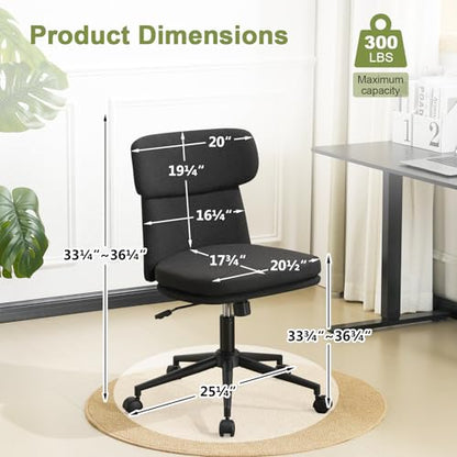 Armless Office Chair with Wheels, Luxury Chenille Swivel Desk Chair with Ergonomic Curved Full Back, Double-Layer Seat, Adjustable Modern Vanity Chair for Makeup, Home Office, Black - color: Black, size: Full Back