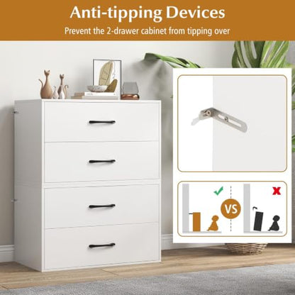 SIMOE 24" W White Stackable 2-Drawer Dresser for Bedroom, Short Storage Cabinet with Metal Handles, Wood Drawer Organizer with Anti-Tip Kits, Compact Chest of Drawers for Office, Entryway