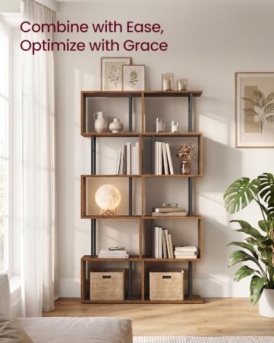 VASAGLE 6-Tier Bookshelf, S-Shaped Wood and Metal Bookcase, Tall Narrow Display Shelf, 15 x 9.4 x 61.9 in, for Living Room Storage, Rustic Brown and Matte Black, Barnet Collection ULLS172KD01 - color: Rustic Brown, style: 6-Tier (15"W)