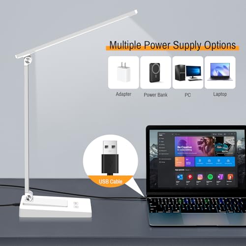 Rechargeable LED Desk Lamp, 5 Color Modes with 5 Brightness | 800LM 2600mAh Reading Table Lamp, Aluminum Bedside Lamp with USB Charging Port for Study Home Office, White - color: White
