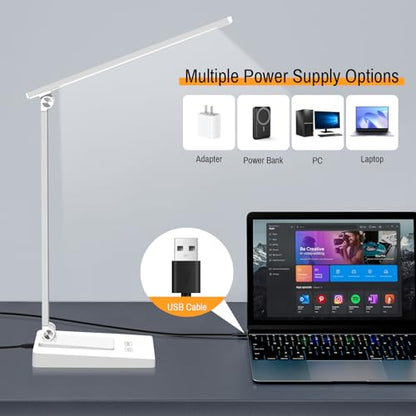 Rechargeable LED Desk Lamp, 5 Color Modes with 5 Brightness | 800LM 2600mAh Reading Table Lamp, Aluminum Bedside Lamp with USB Charging Port for Study Home Office, White - color: White