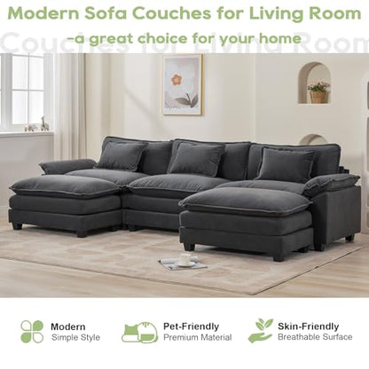 120" Modular Sectional Sofa, Comfy Deep Cloud Couch with Ottoman | U-Shaped Couches for Living Room, Modular Couch, Deep and Wide Seat, Velvet Sofa Sleeper with Throw Pillows, Blue Grey - color: Blue Gray, size: 120 Inch U