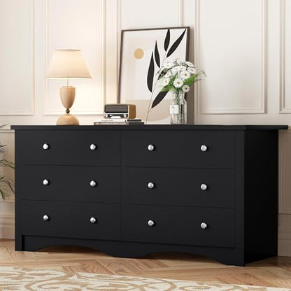 YESHOMY Black Dresser, 6 Drawers Dresser for Bedroom, Modern Chest of Drawers, Wooden Dressers, TV Stand for Living Room,Closet, Hallway