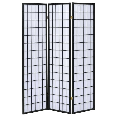 Coaster Home Furnishings - Carrie - Solid Wood - 3-Panel Folding Shoji Screen Room Divider with Black Frame, Linear Grid Design and Metal Hinges - Living Room - Black and White - 4622 - color: Black