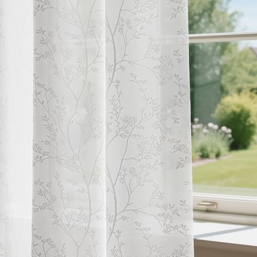 Anmao White Semi Sheer Light Filtering Short Curtains 45 Inches Long 2 Panels, Branch Pattern Drapes for Living Room Bedroom, Rod Pocket Sheer Window Treatments with Floral Design, 52x45 Inch - color: White Branch, size: 52"W x 45"L (Pack of 2)