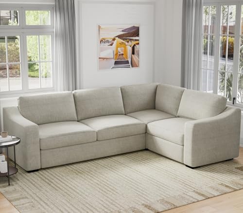 Convertible Sectional Sofa, L Shaped Couch, Natural Linen Fabric Couches with Extra Deep Seats, Big Comfy Couch Upholstered Modern Corner Sofa for Living Room, Office, Oatmeal - color: Oatmeal, size: 112 Inch - V Shaped(4 Seat)