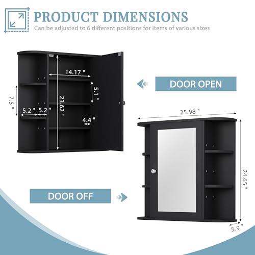 Shintenchi Bathroom Medicine Cabinet with Mirror, Wall Mounted, Black - color: Black