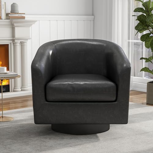 Swivel Accent Chair, PU Leather Upholstered Barrel Club Chair, Black | Modern Round Armchair | Comfy Reading Seat with Removable Cushion | For Living Room, Bedroom, Office - color: Black
