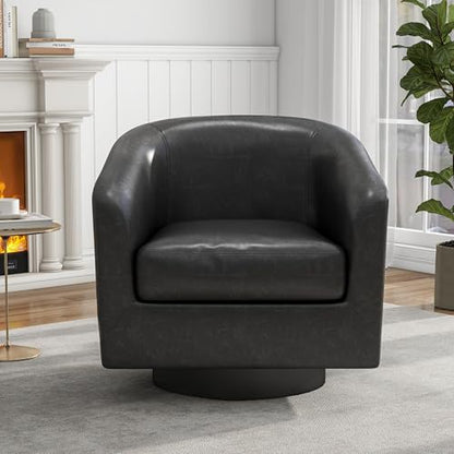 Swivel Accent Chair, PU Leather Upholstered Barrel Club Chair, Black | Modern Round Armchair | Comfy Reading Seat with Removable Cushion | For Living Room, Bedroom, Office - color: Black