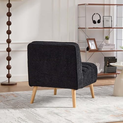 Velvet Slipper Chair, Armless Upholstered Accent Chair with Black Wood Legs, Modern Lounge Chair for Living Room, Bedroom, Office & Reading Nook (Black+Wood) - color: Black+wood