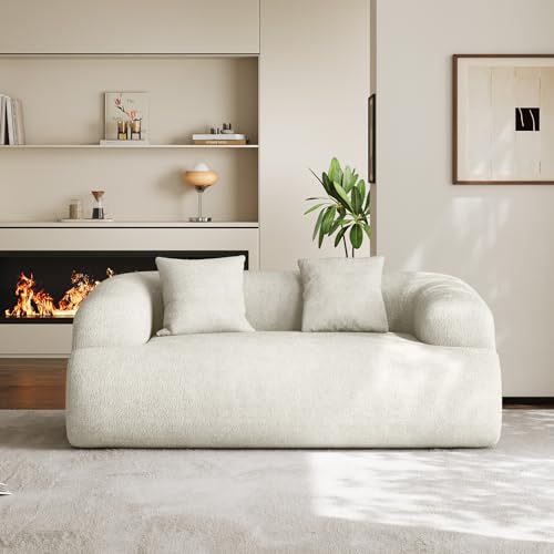 75" Boneless Cloud Loveseat, Modern Cute Curved Chenille Sofa, 2 Seater Compression Couch with 2 Pillows, No Assembly Required for Apartment Living Room, Beige White - color: Beige, size: 75''