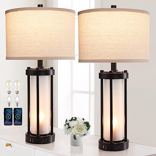 RORIA Set of 2 Modern Table Lamps for Living Room with 2 USB Ports, White Frosted Glass Nightlight for Bedroom, Contemporary Desk Lamps for Nightstand End Table Entryway, 4 Bulbs Included (Black) | 2 USB Ports White Frosted Glass Nightlight for Bedroom, D