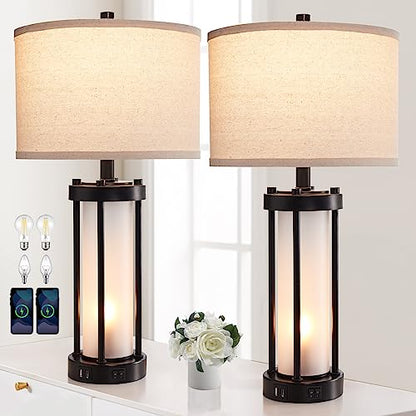 RORIA Set of 2 Modern Table Lamps for Living Room with 2 USB Ports, White Frosted Glass Nightlight for Bedroom, Contemporary Desk Lamps for Nightstand End Table Entryway, 4 Bulbs Included (Black) | 2 USB Ports White Frosted Glass Nightlight for Bedroom, D