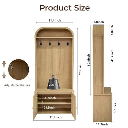 Narrow Entryway Hall Tree with Storage Bench, Modern Fluted Coat Rack and 2-Door Shoe Cabinet for Small Spaces, Arched Mudroom Organizer to Hide Clutter, Natural
