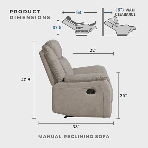 Lexicon Polished Microfiber Wall Hugger Manual Double Reclining Sofa, Dove | 86"W Upholstered 3 Seater Manual Sofa Recliner for Living Room/Apartment, Tool Free Assembly - color: Dove, size: Reclining Sofa