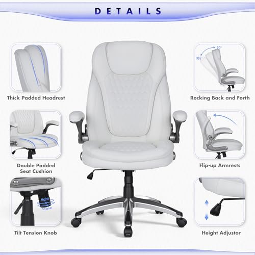 COLAMY Executive Office Chair-Ergonomic Computer Desk Chair, High Back Leather Chair with Padded Flip-up Arms, Swivel Home Office Chair Upgraded Caster, White - color: White, size: set of 1