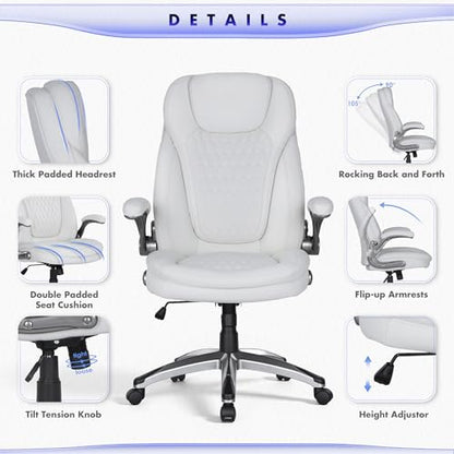 COLAMY Executive Office Chair-Ergonomic Computer Desk Chair, High Back Leather Chair with Padded Flip-up Arms, Swivel Home Office Chair Upgraded Caster, White - color: White, size: set of 1