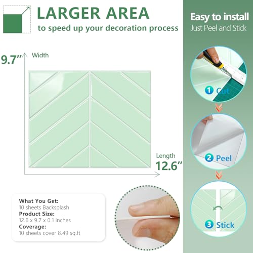 STICKGOO Herringbone Peel and Stick Backsplash, Light Green, 10 Sheets | 12.6 x 9.7 in, Thicker Rectangular Vinyl Stick-On Wall Tiles, Easy Alignment, Waterproof, Easy to Clean, Kitchen/Bathroom - color: Light Green, size: Pack of 10