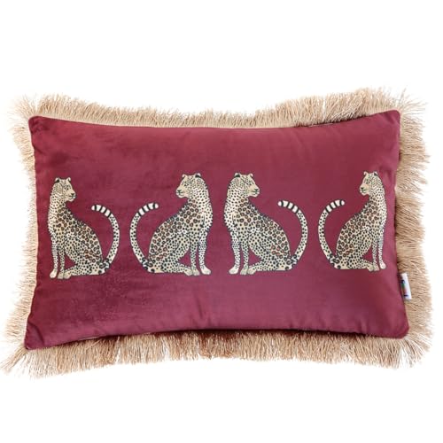 Lumbar Decorative Throw Pillow Cover with Tassels Leopard Pattern Cushion Cover Luxury Style Soft Velvet Pillowcase for Sofa Couch Bedroom (12"x20",Wine Red) - color: Wine Red, size: 20" x 12" (Pack of 1)