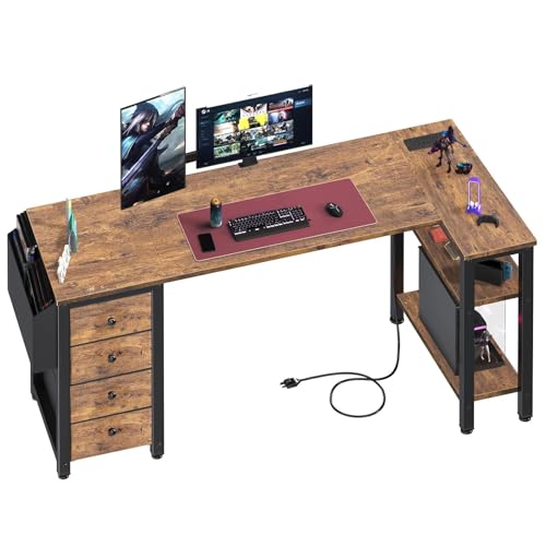 Lufeiya L Shaped Computer Desk with Drawers & Storage Shelves, 55 Inch Corner Desk with Power Outlet for Home Office Bedroom, L-Shaped Teen PC Gaming Desks with Fabric Drawer, Rustic Brown - color: Brown, size: 55.1"