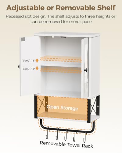 BEWISHOME Bathroom Medicine Cabinet Mirror with Towel Bar | Wall Cabinet with Adjustable Shelf Hooks, Space-Saving Over-Toilet, 7.1 x 15.4 x 24.4 Inches, White - color: White