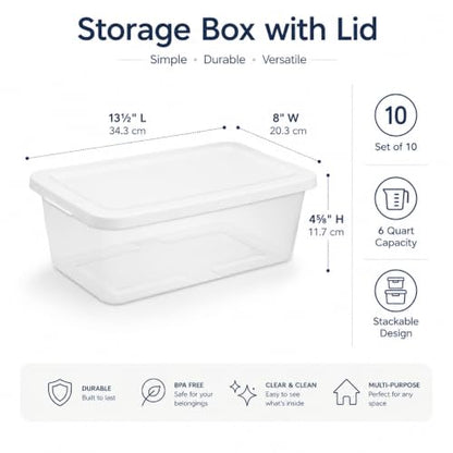 10 Pack Storage Box with Lidded, 6 Quart Plastic Storage Bina, Clear Stackable Containers, Suitable for Shoe Storage, Home Organizationg and Office Organizing