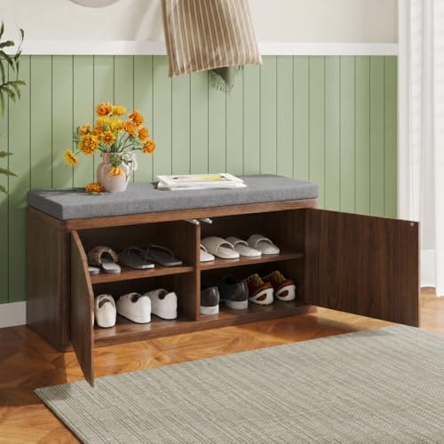 Shoe Cabinet Bench with Cushion,Double Layered Wooden Shoe Bench with Soft Cushion,Shoe Rack for Entryway,Bedroom,Living Room (Walnut Sturdy Entryway Bench) - color: 2 Door Walnut Sturdy Entryway Bench