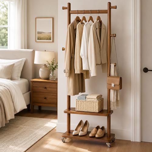 Coat Rack Freestanding Solid Wood Clothes Rack with Wheels | Space Saving, Stable 5 Hooks 2 Shelves Coat Tree, Silent 360 Degree Wheels, Heavy Duty 150 lb Capacity for Entryway Bedroom - color: Walnut Brown, size: L: 23.6" x W: 11.8" x H: 70.9" (With Whee