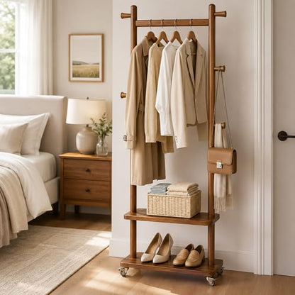 Coat Rack Freestanding Solid Wood Clothes Rack with Wheels | Space Saving, Stable 5 Hooks 2 Shelves Coat Tree, Silent 360 Degree Wheels, Heavy Duty 150 lb Capacity for Entryway Bedroom - color: Walnut Brown, size: L: 23.6" x W: 11.8" x H: 70.9" (With Whee